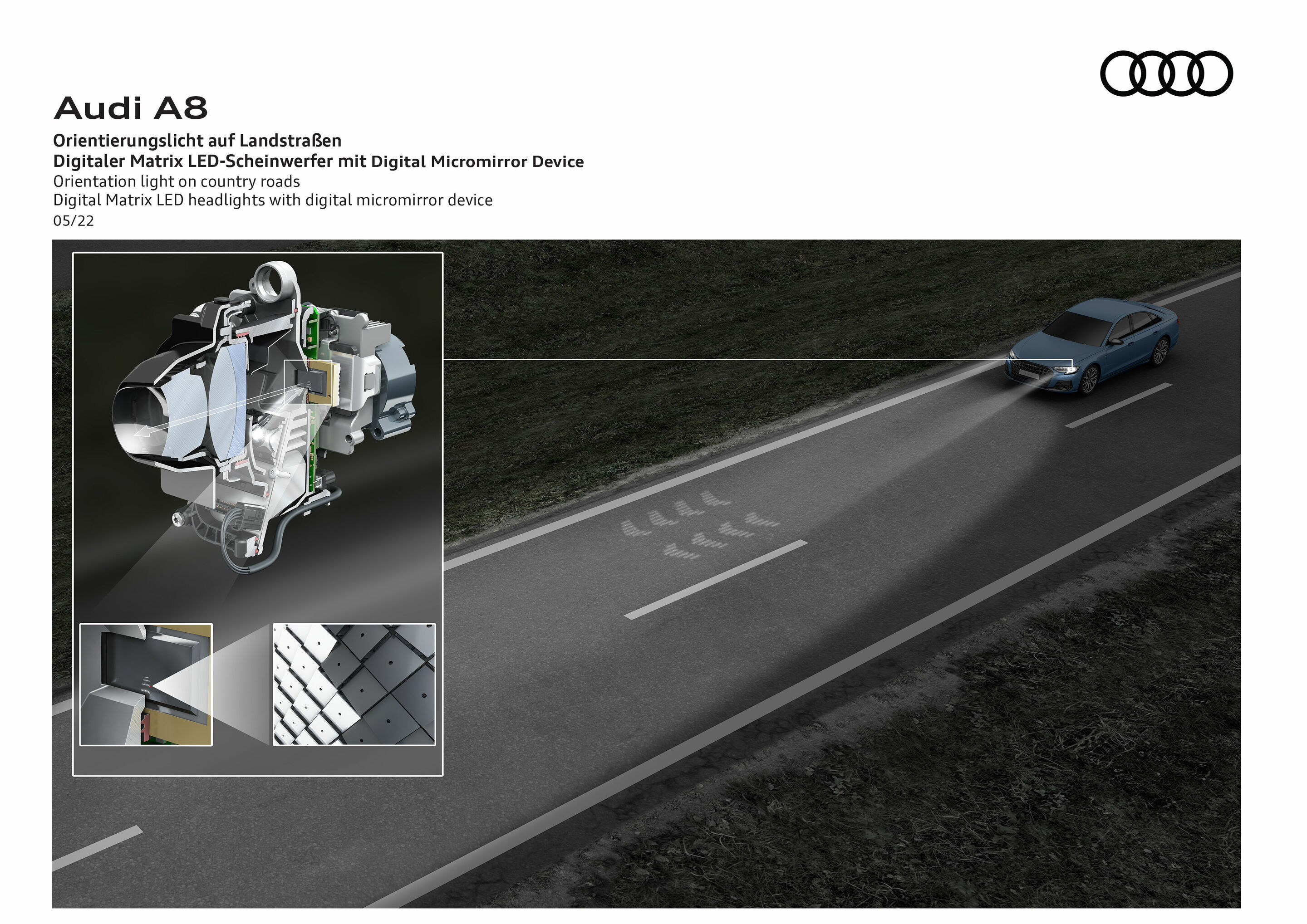 Illustration - Audi A8 - Orientation light on country roads
Digital Matrix LED headlights with digital micromirror device