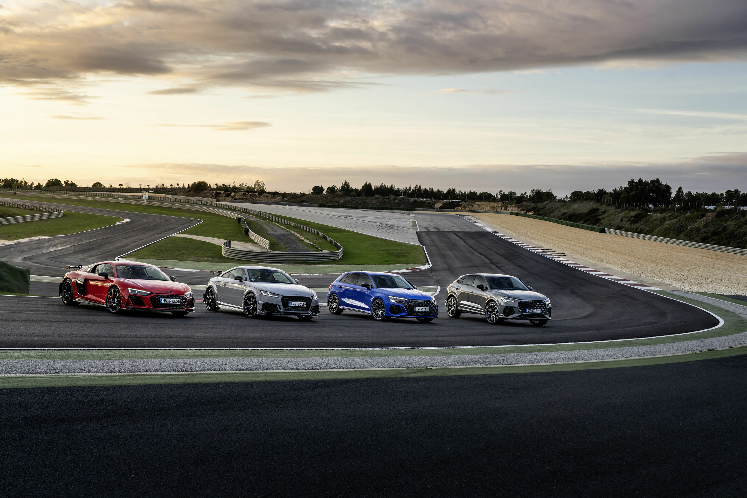 Audi Sport special editions - From left to right: Audi R8 Coupé V10 GT RWD, Audi TT RS Coupé iconic edition, Audi RS 3 Sportback performance edition, Audi RS Q3 edition 10 years.