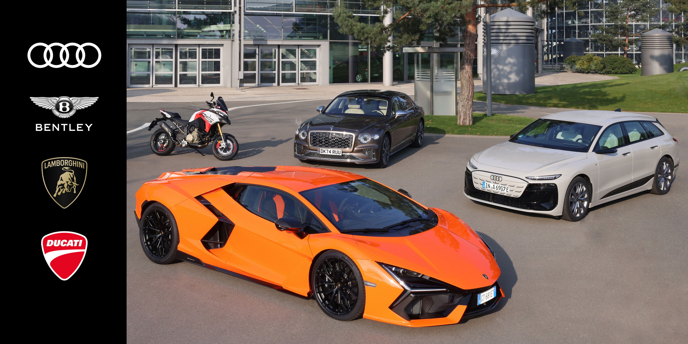 Brand Group Progressive - Ducati Multistrada V4 RS, Lamborghini Revuelto, Bentley Flying Spur Mulliner, Audi A6 e-tron (from left to right)