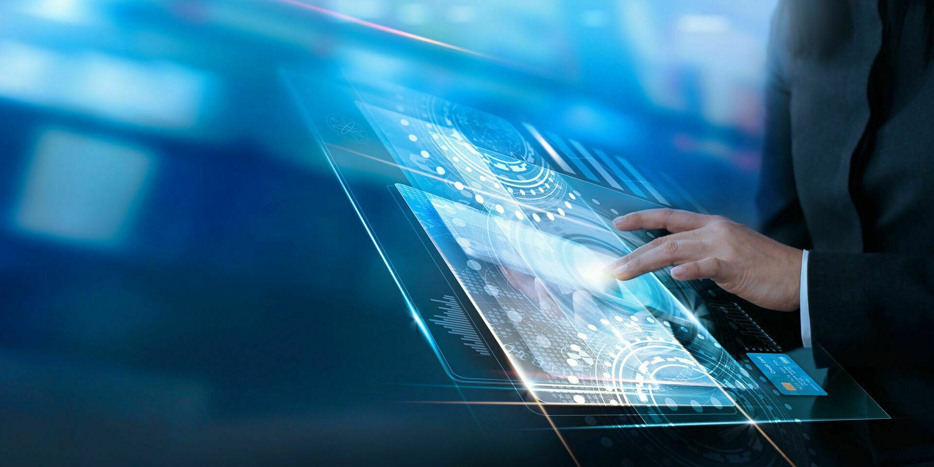 Service - Hand touching virtual interface customer, technology innovation, business virtual concept, all on screen and credit card are design up