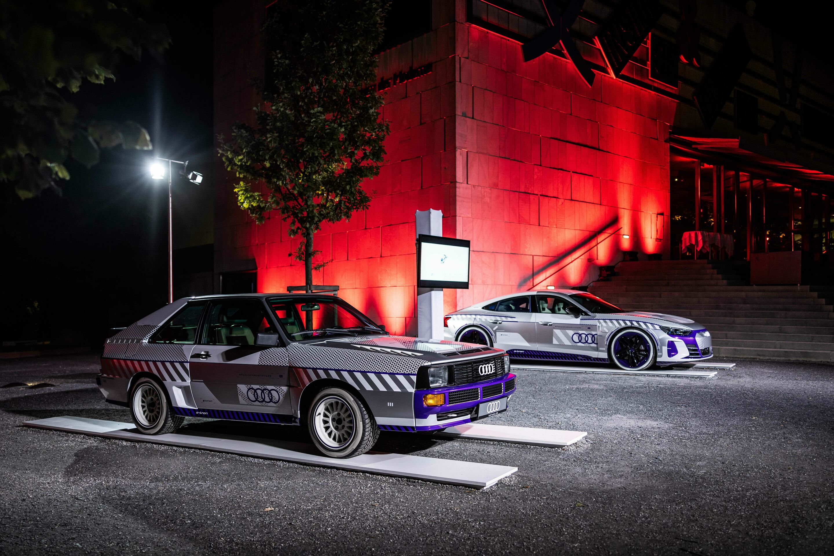 Salzburg Festival 2023: Audi Night - Old meets new: the Audi Sport quattro and the Audi RS e-tron GT in front of the Museum der Moderne in Salzburg