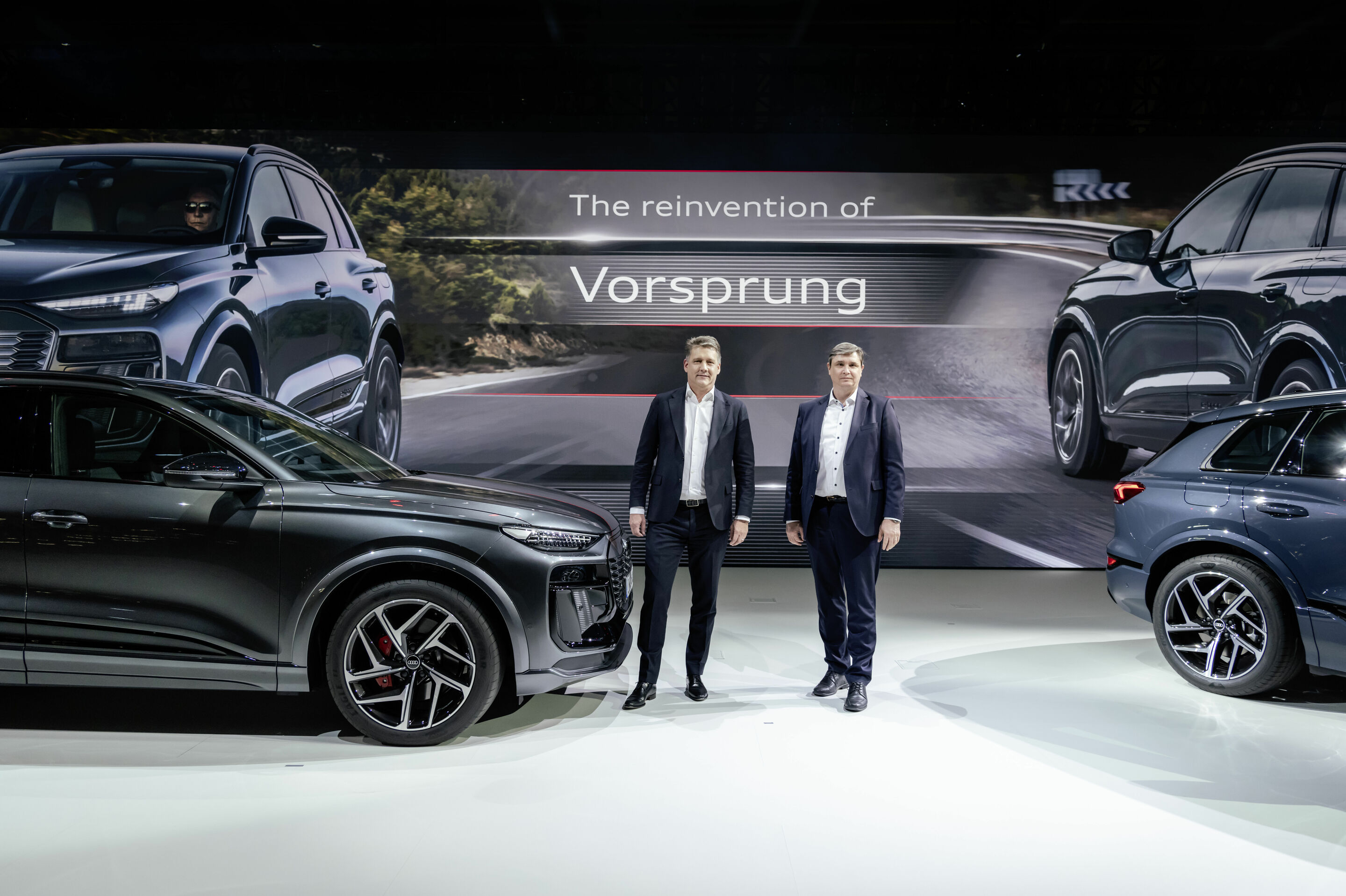 Audi Q6 e-tron world premiere on March 18, 2024, in Ingolstadt - Gernot Döllner, Chairman of the Board of Management (left), and Jürgen Rittersberger, Member of the Board of Management for Finance, Legal Affairs and IT